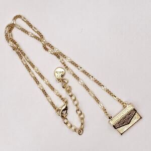 Signed BELLA JACK Envelope Purse Pendant Necklace Gold Tone Figaro Chain-Opens